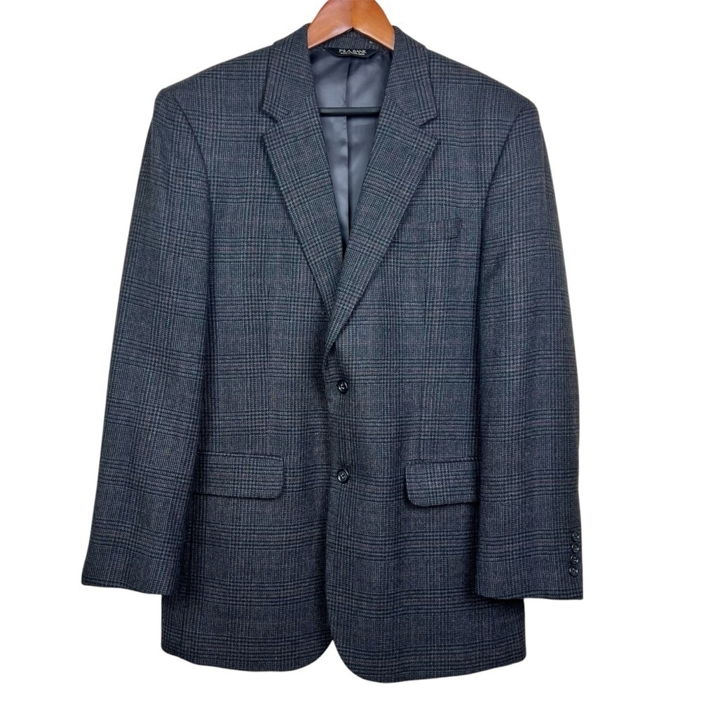 Jos. A. Bank Men’s Wool Plaid Blazer Jacket 42L Black Gray Red Preppy